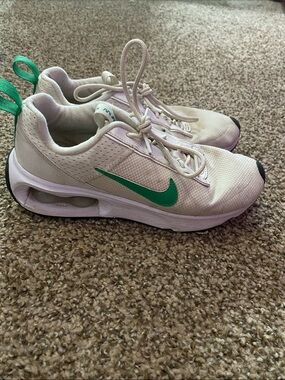 Nike Kids White Sneakers with Green Swoosh and Green Heel Tabs